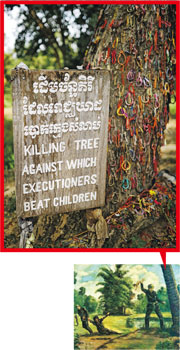 鍾屋殺人場中有一棵樹被稱為殺人樹（Killing Tree，上圖，胡景禧攝），據估計當年赤柬的劊子手是用手捉住嬰孩的雙腳、將他們的頭撼樹幹來殺死這些嬰孩（如下圖），旁邊就是一個埋着大量婦女兒童屍骨的大坑。