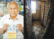 Tuol Sleng集中營極少數的倖存者之一Chum Mey，他寫書講述了自己的故事（左圖），2009年，他在特別法庭出庭指證Tuol Sleng典獄長康克由，康克由最後被判囚終身。右圖為Chum Mey在Tuol Sleng被折磨的兩年間被關押的地方，他因莫須有的罪名被捉進去，因為懂得維修機械才得以保命。（胡景禧攝）