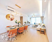 單位採現代簡約風格設計，客飯廳佈置和家具均用上柔和色調。（劉焌陶攝）