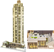 傲寓樓花期約13個月，模型可見其單幢式設計（左）；發展商亦展示了30樓A室連天台特色戶模型（右），可見私家樓梯貫通兩層，天台分為多種休憩區。（劉焌陶攝）