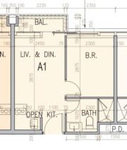 ONE SOHO 12樓至29樓A1單位平面圖，實用285方呎一房間隔，採開放式廚房設計。
