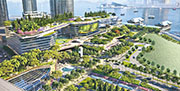 中環海濱地王將設公眾休憩空間，在天台將設有一個名為「Horizon Park」的相連平台串連起三座建築物。（模擬相片由政府新聞處提供）
