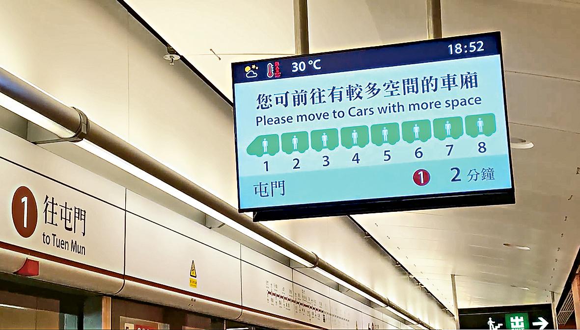 屯馬綫車廂載客情況顯示，方便乘客選 擇較多空間的車卡位置上車。