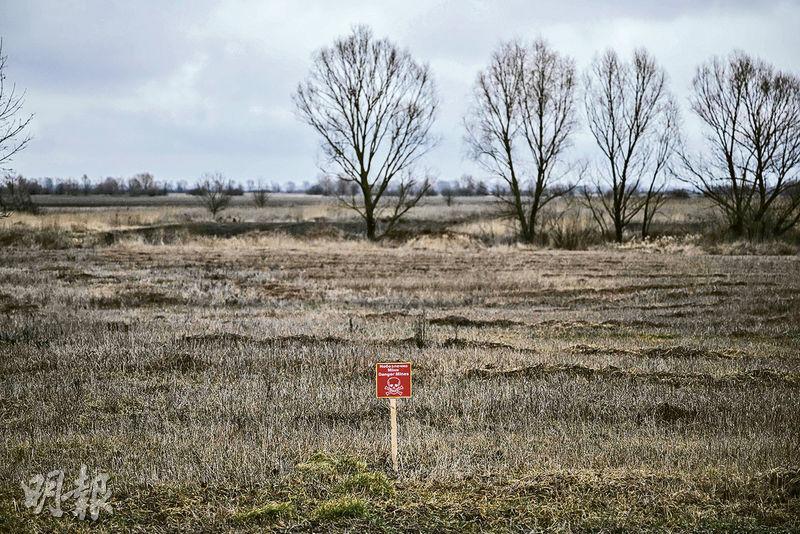 俄羅斯入侵烏克蘭後，烏克蘭有曾經種植小麥及玉米的土地埋下地雷，並標示屬危險區域。有分析指出，戰事爆發將影響烏克蘭的春耕，預期當地今年很多農地荒蕪。（法新社）