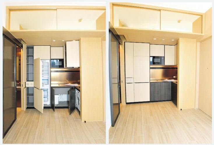 開放式廚房提供全套電器（左），配上訂製的廚櫃，收納雜物整齊美觀（右）。