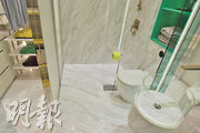 單位浴室貫徹綠色及黃色為主的設計風格，設計師除了於層架及屏風加設綠色元素外，更特意以黃色廁紙配襯。（劉焌陶攝）