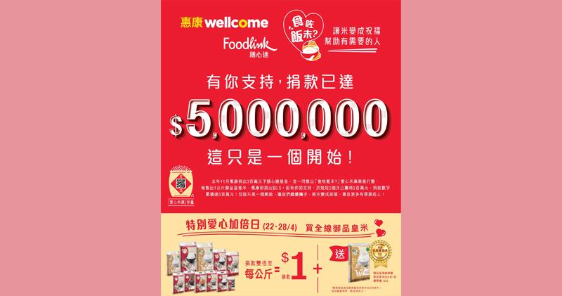 惠康「食咗飯未」愛心米推出5個月 累積捐款達500萬
