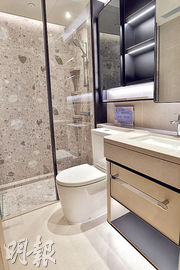 浴室採灰白色雲石作為洗手盆枱面，設淋浴間。