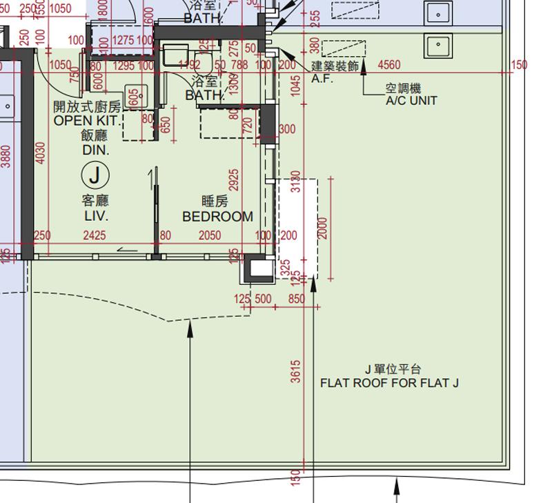 必嘉坊．曦匯5樓J室平面圖，單位實用232方呎，一房間隔，外連614方呎平台