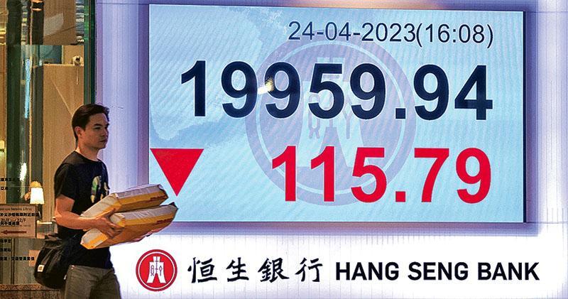 中港股市同偏軟，恒指昨最多跌341點，連跌兩天，失守2萬點關兼創出一個月新低，收報19,959點。（中通社）