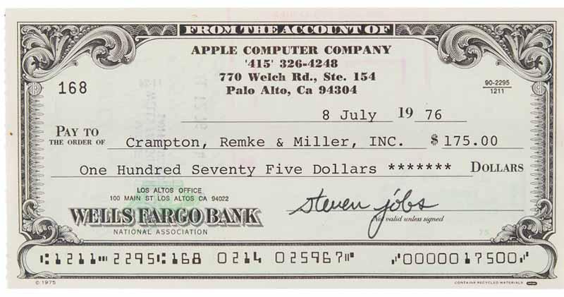 蘋果創辦人喬布斯簽名支票將拍賣  成交價預計逾3.5萬美元