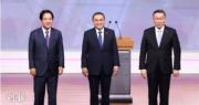 2024年台灣大選3名總統候選人──民進黨賴清德（左）、國民黨侯友宜（中）及民眾黨柯文哲（右）早前出席電視辯論會。（法新社）