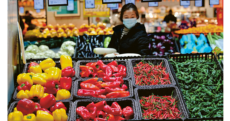 圖為消費者在江蘇省無錫市一家超市選購蔬菜。內地12月消費物價指數按年下降0.3%，是自2009年10月以來，首次連續3個月出現按年通縮。（新華社）
