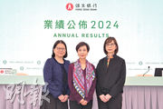 恒生去年底不良貸款比率為6.12%，按年升3.29個百分點。恒生銀行行政總裁施穎茵（中）表示，相關貸款當中三分之二均有抵押品。左為財務總監蘇雪冰，右為風險監控及合規總監張家慧。（黃志東攝）