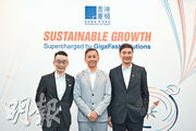 香港寬頻執行副主席及行政總裁楊主光（中）表示，董事會正就股權收購事宜與兩買家中移動及I Squared Capital商議，但尚未達成令各方都同意的方案。右為總裁及營運總裁葉成輝，左為財務總裁余頌廷。（盧曼盈攝）