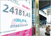 恒指昨日大升近400點重上兩萬四關，創逾兩個半月新高；成交亦進一步增至超過2400億元的逾一周高位，惟北水淨流入金額大減近九成。（中新社）