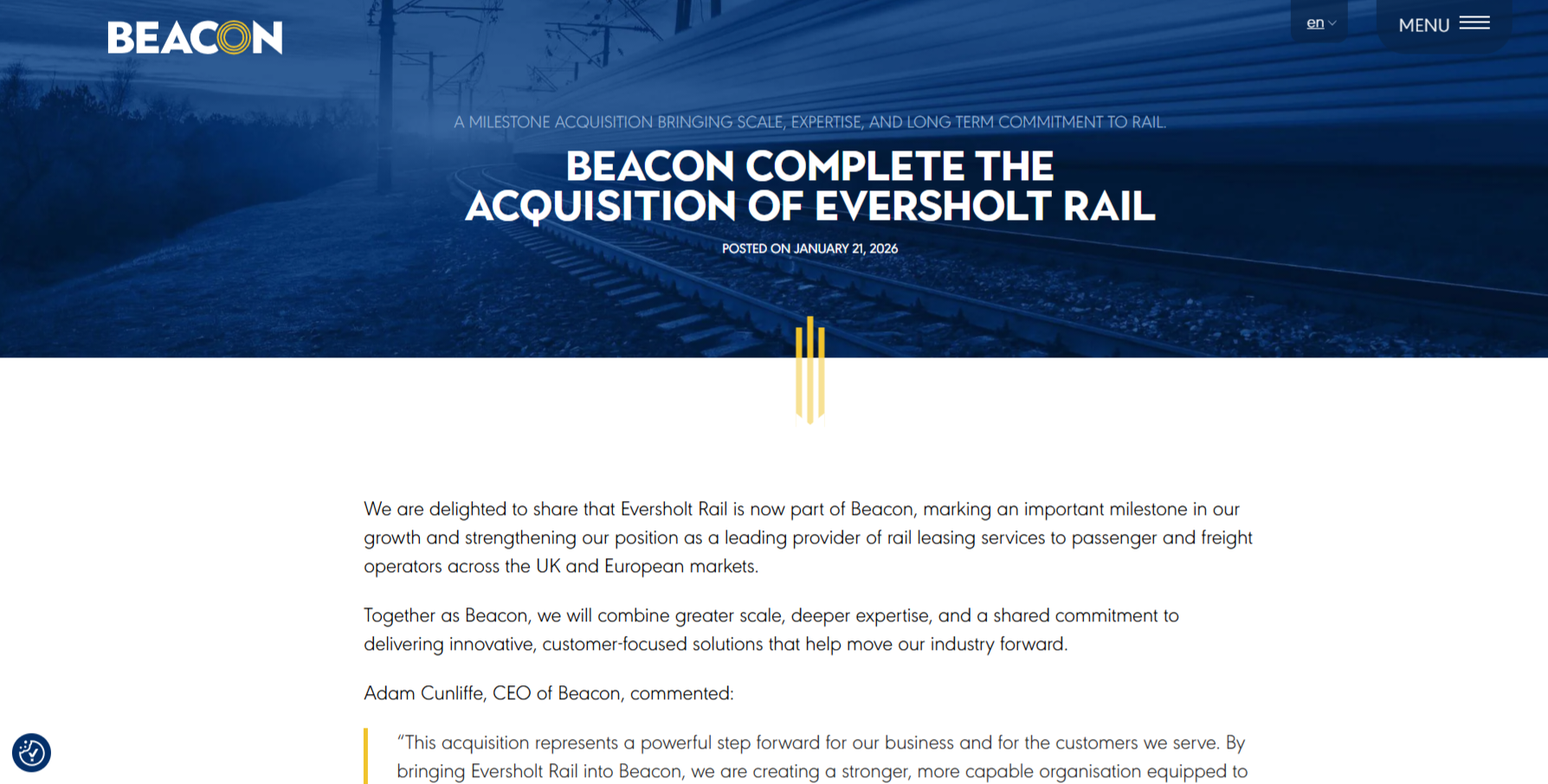 Beacon Rail：完成向長和收購Eversholt Rail (21:58) - 20260121 - 即時財經新聞- 明報財經網