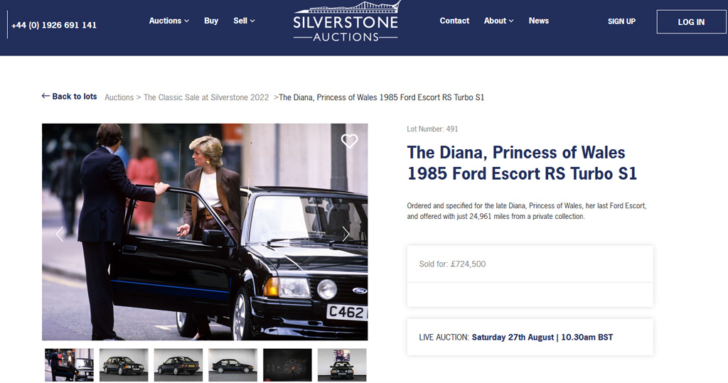 英國已故王妃戴安娜的座駕Ford Escort RS Turbo Series 1，以72.45萬英鎊成交。