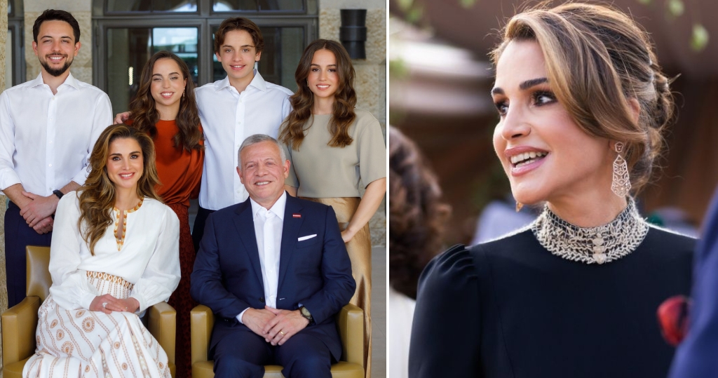 右圖為約旦王后Rania出席兒子Hussein的婚禮。左圖為Rania與家人合照。（Queen Rania facebook圖片）