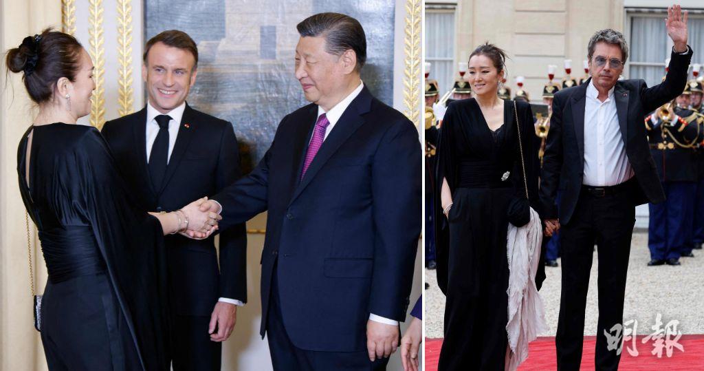 國家主席習近平（左圖右）周一（6日）在巴黎出席歡迎晚宴，其間與女星鞏俐（左圖左）握手。鞏俐的法國電子音樂藝術家丈夫Jean-Michel Jarre（右圖右）亦有出席。（法新社）