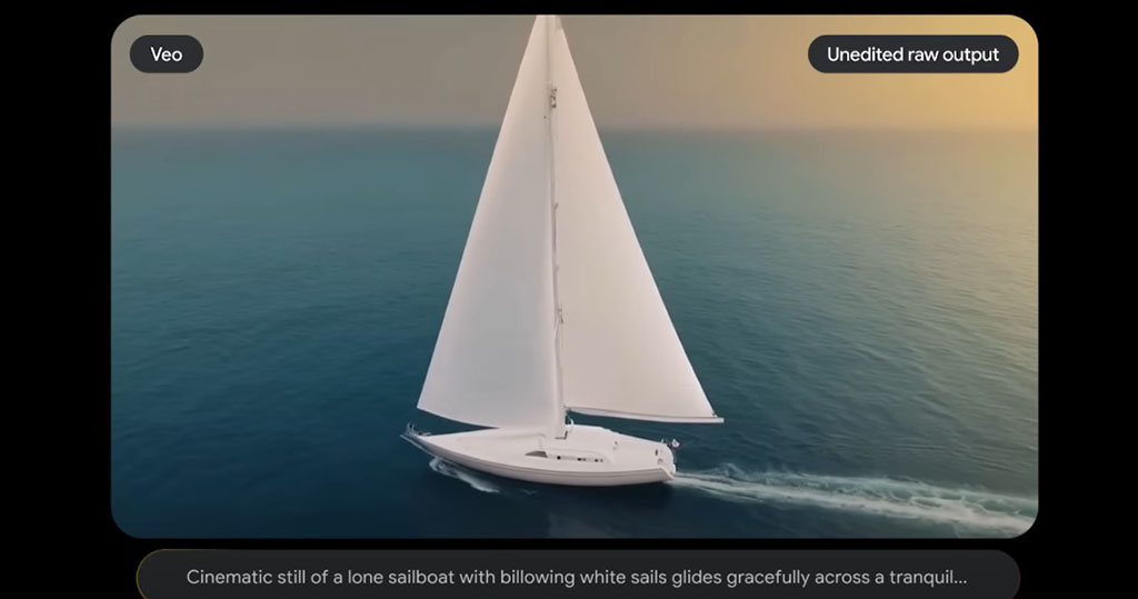 Google發布最新影片生成模型Veo及圖片生成模型Imagen 3，有創作者試用Veo並輸入指令：在富電影感的定鏡畫面中，一艘白色的帆船在平靜海面上優美地航行。（Google YouTube影片截圖）