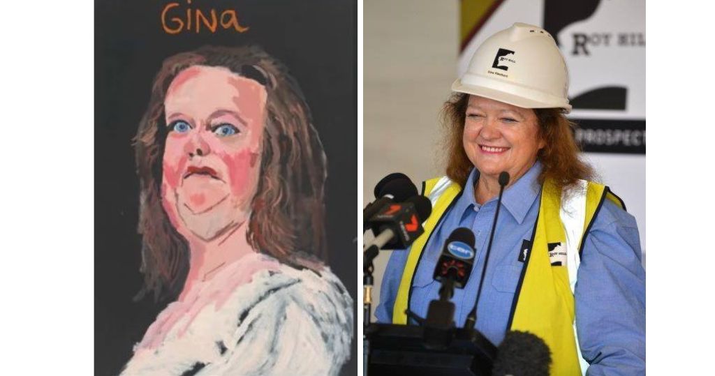 澳洲女首富萊因哈特（Gina Rinehart）（右）要求澳洲國立美術館撤下她的肖像畫（左），稱畫像將她醜化。（澳洲國立美術館網站／Gina Rinehart facebook圖片）