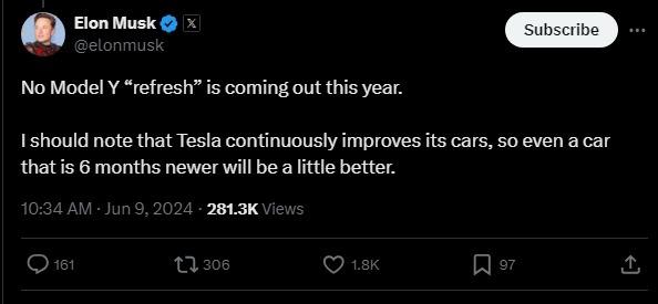 馬斯克：Tesla今年不會推出Model Y改款車型