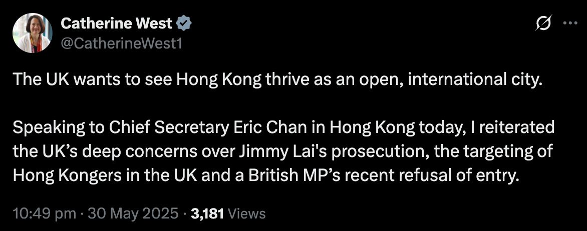 英官員稱與政務司長會面　重申深切關注黎智英案
