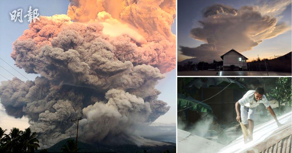 印尼火山爆發灰柱高達10公里　居民清理屋頂火山灰【多圖】