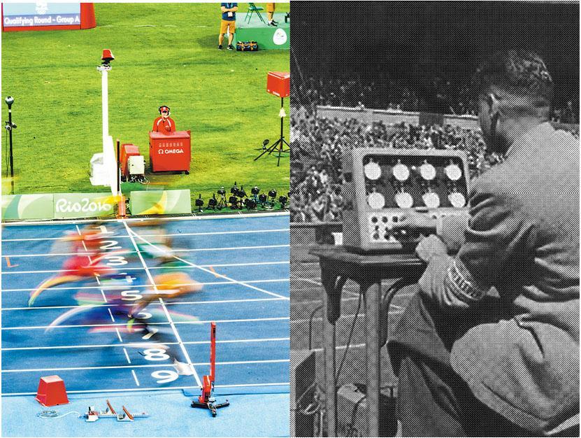 自1932年開始擔任大會指定計時（右），品牌數十年來一直改良、研發體育計時技術，務求以更精密儀器捕捉選手衝線一刻（左）。（品牌提供）