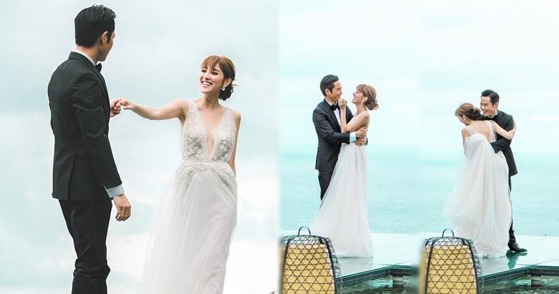陳凱琳在社交平台分享3年前與鄭嘉穎在婚禮當日的照片。（陳凱琳Instagram圖片 / 明報製圖）