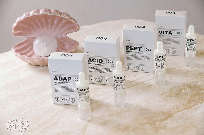 精華系列分別有紓緩過敏反應的ADAP膠原防禦注劑（Adaptogen Defense）、具抗菌和潔淨功效的ACID複合酸淨化注劑（Acid Hyper Purify）、有助預防微衰老的PEPT活胜肽注劑（Peptide Reignite）、提亮美白的VITA亮白維他命注劑（Vitamin Combat），用者可根據當下的皮膚狀况，選擇合適的款式並混合在日常護膚程序中，對症下藥。（$198/2瓶）（馮凱鍵攝）