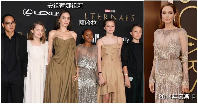 安祖蓮娜昨偕子女出席《永恆族》首映禮，薩哈拉穿著母親舊衫成功搶鏡。（法新社）