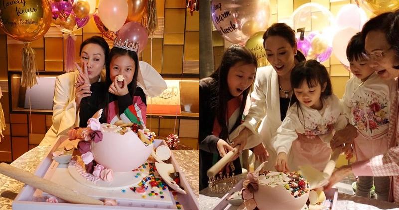 郭可盈生日，和女兒及胞弟郭可頌夫婦一對年幼孖女一齊「扑」蛋糕。（郭可盈Instagram圖片 / 明報製圖）