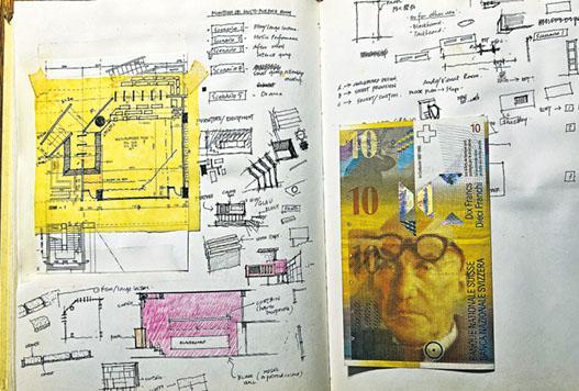 拔萃男書院小學部多用途室建築設計圖。在多年沒翻動的sketchbook中，竟夾有印有建築師Le Corbusier的瑞士法郎紙鈔。（受訪者提供）