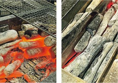 判斷溫度——可從炭火顏色簡單判斷溫度。大火時，炭塊是明亮的橙色（左圖），小火時炭塊灰黑，底下呈現暗紅色（右圖）。（受訪者提供）