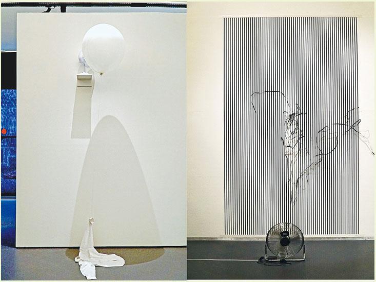 Roman Singer的Hemd,1995（左）及Žilvinas Kempinas的Flaming Tape, 2021（右），充分發揮了Calder的作品與氣流的互動。（Dawn Hung攝）