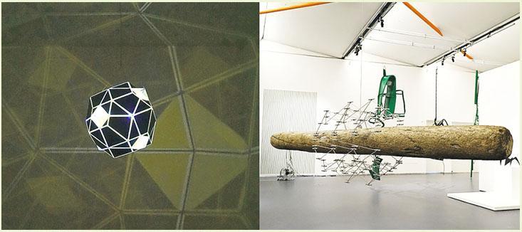 光影互動：Olafur Eliasson展出兩個了作品，包括Black and Yellow Double Polyhedron Lamp, 2011（左）及The Lost Compass, 2013（右）。（Dawn Hung攝）