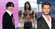 美國網站TC Candler選出2021年全球百大俊男，首三名依次為緬甸男模Paing Takhon（中圖）、「雷神」基斯漢斯禾夫（右圖）及防彈少年團（BTS）成員V（左圖）。（Instagram圖片／AFP資料圖片）