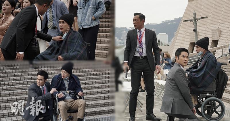 黃宗澤拍攝《G風暴》其中一場被綑綁在輪椅上的戲時，為了不影響拍攝而忍住不去廁所。（大會提供 / 明報製圖）