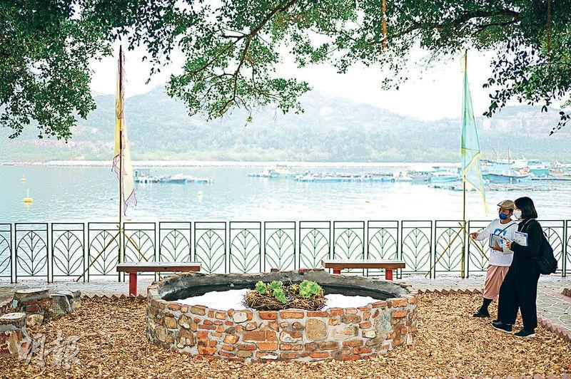 藝術家何遠良的《索罟社區菜園》，在圓池中以南丫島的山水種菜，提醒觀眾和島民如何活用在地資源，此點對建構身分和在地意識非常重要。（蘇智鑫攝）