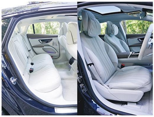 雖然不是正式的「電動化S-Class」，不過在EQS的車廂中不難發現取材自S-Class的頂級設備，例如前排座位設有舒適頸枕；後排座位受惠於超過3.2米長的軸距及平直地台，空間感可能比S-Class更理想。（莊達民攝）