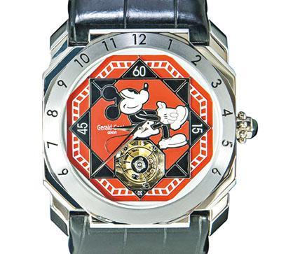 2008年時曾推出這枚限量25枚的Gérald Genta Tourbillon Octo Retrograde Hour Fantasy Watch Mickey Mouse腕表，搭載陀飛輪。（網上圖片）