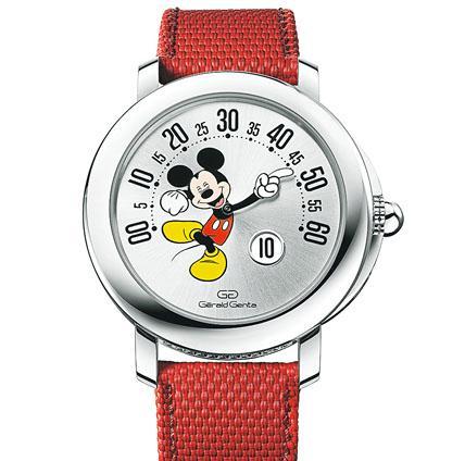 新款米奇老鼠微笑造型腕表採用最經典設計，以手臂當作分鐘飛返指針，跳時顯示則位於5時位置。$137,000（品牌提供）