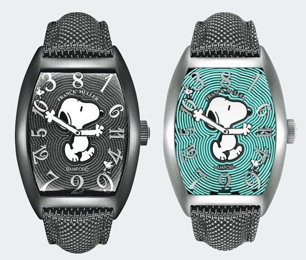 Franck Muller和Bamford Watch Department合作的「史諾比」Crazy  Hours限量版腕表，長39.6mm，厚18mm，配搭自動上鏈FM 2800-CHR機芯，限量25枚。表盤上圍繞史諾比的黑色線條有夜光效果，在黑暗環境下會發出綠色光芒。28,000英鎊（約296,802港元）（品牌提供）