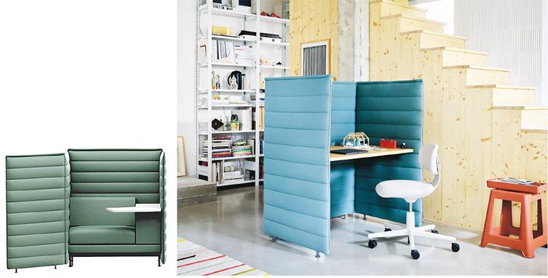兩款選擇——Vitra的Alcove Plus系列分為Desk和Work兩款，Desk版（右圖）為一整塊枱面設計，Work版（左圖）則為轉角枱面連梳化款式。（品牌提供）