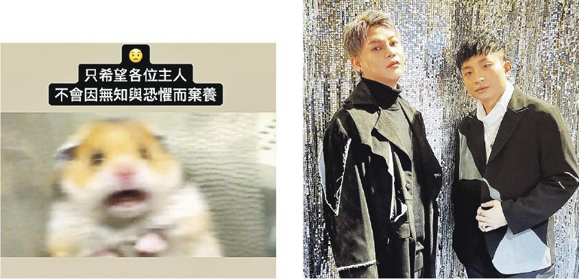 何啟華（右）在社交網上載一張倉鼠露出驚慌表情的照片（左圖），呼籲不要因無知與恐懼而棄養；他的ERROR隊友吳保錡（左）亦轉發「掌心生命」香港倉鼠關注協會的呼籲。