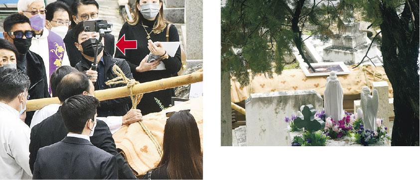 利夫人靈柩（右圖）送抵墳場，現場有工作人員（箭嘴示）直播下葬過程（左圖）。（攝影：鍾偉茵）
