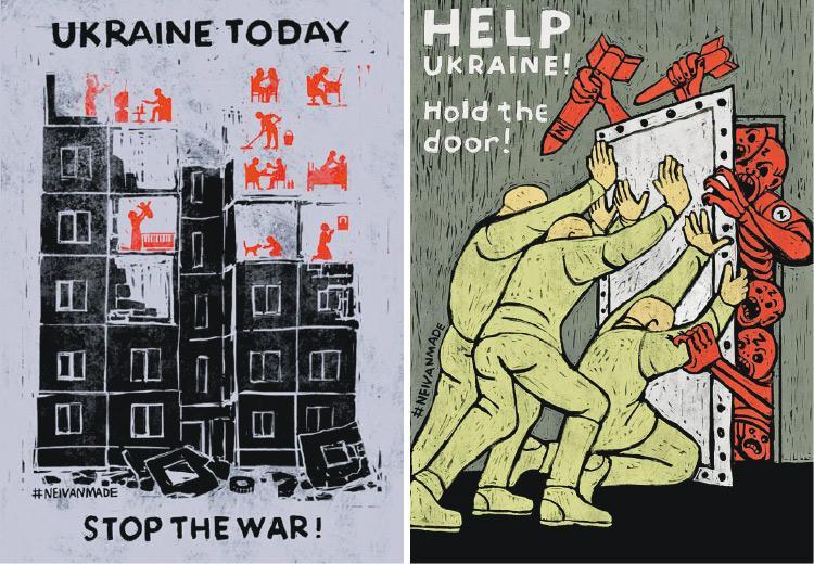 創作與反戰——在戰爭中積極創作的Mykhailo相信反戰圖像的力量，左圖為他的作品Ukraine Today，右圖作品學者Mariana稱之為Hold the door。（受訪者及Mykhailo Skop提供）