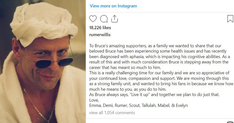 布斯韋利士的家人透過社交網宣布他患上失語症，要退出演藝事業。（網上圖片）